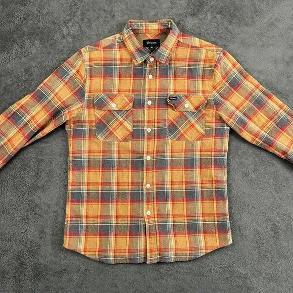 Brixton Rugged Cotton Flannel Men’s Medium Brown Red Long Sleeve Plaid Skate - Picture 3 of 7